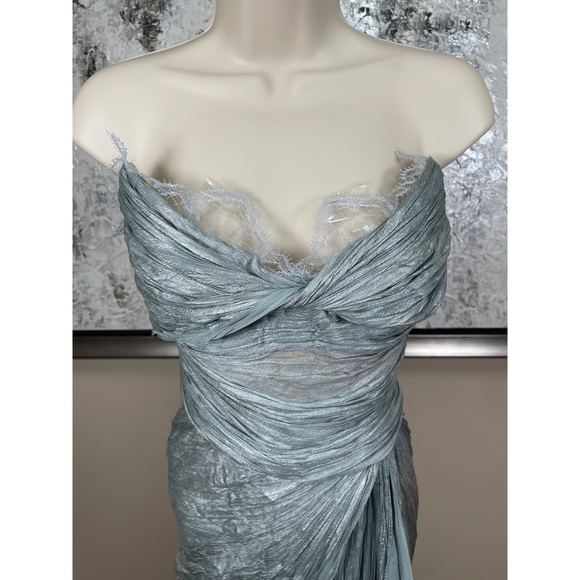MARIA LUCIA HOHAN Jolie Strapless Lace Ruched Draped Silk Blue Maxi Dress Sz 2 - Picture 3 of 14